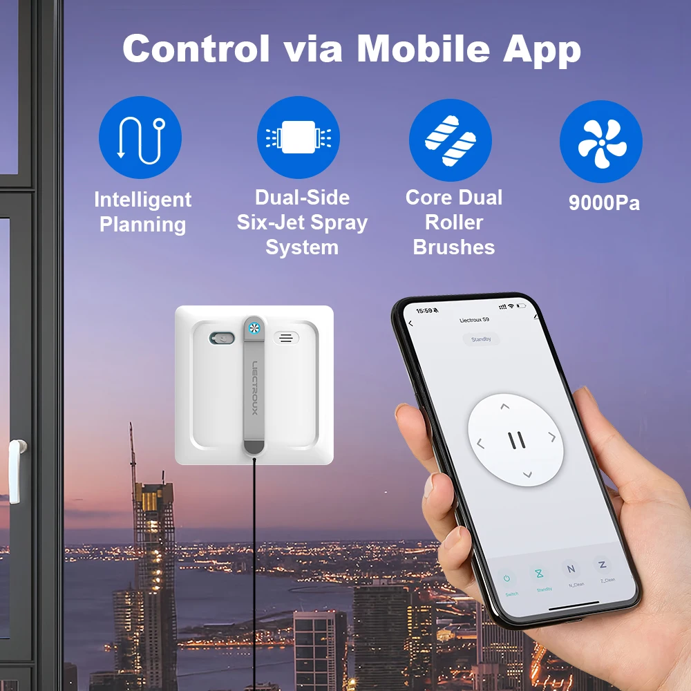 2026 روبوت تنظيف النوافذ Liectroux S9 مزود بفرشتين...