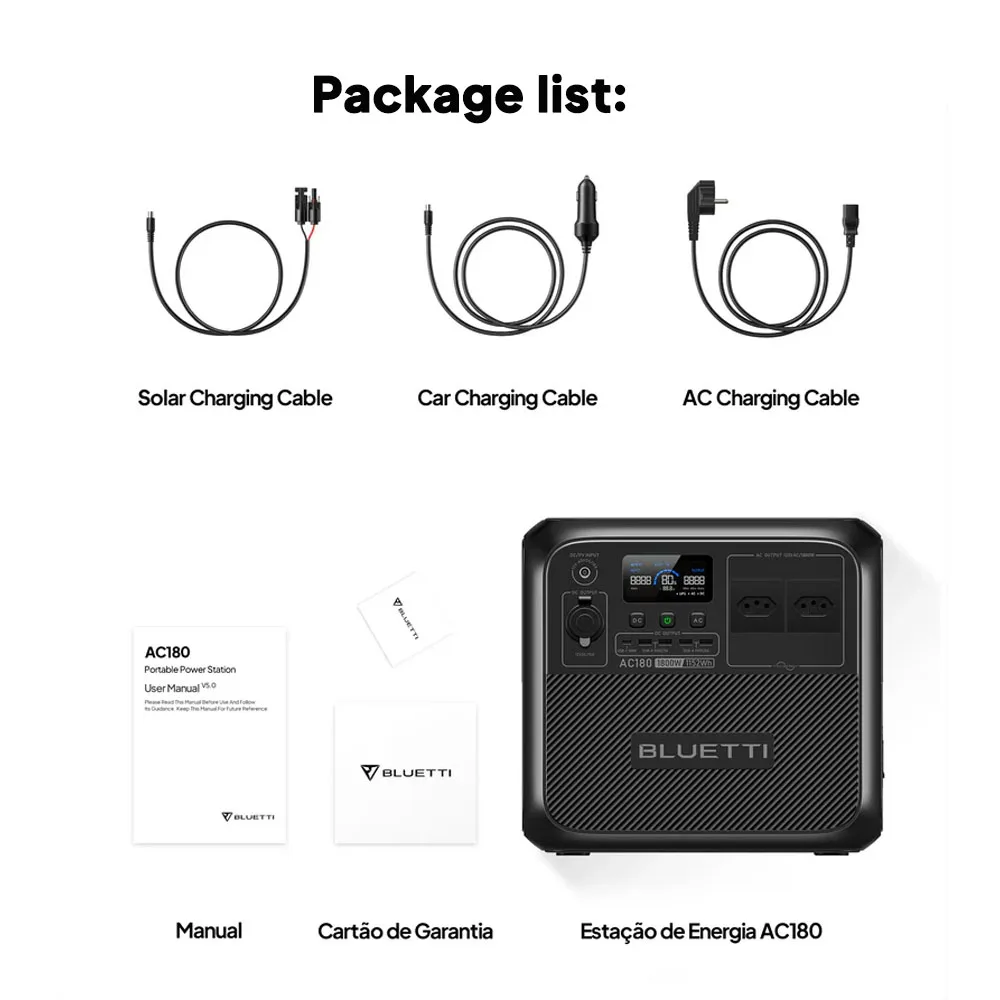 Estação de energia portátil BLUETTI AC180 | 1800W 1152Wh Gerador Solar LiFePO4 Bateria 3500+ Ciclo Energia Solar Camping
