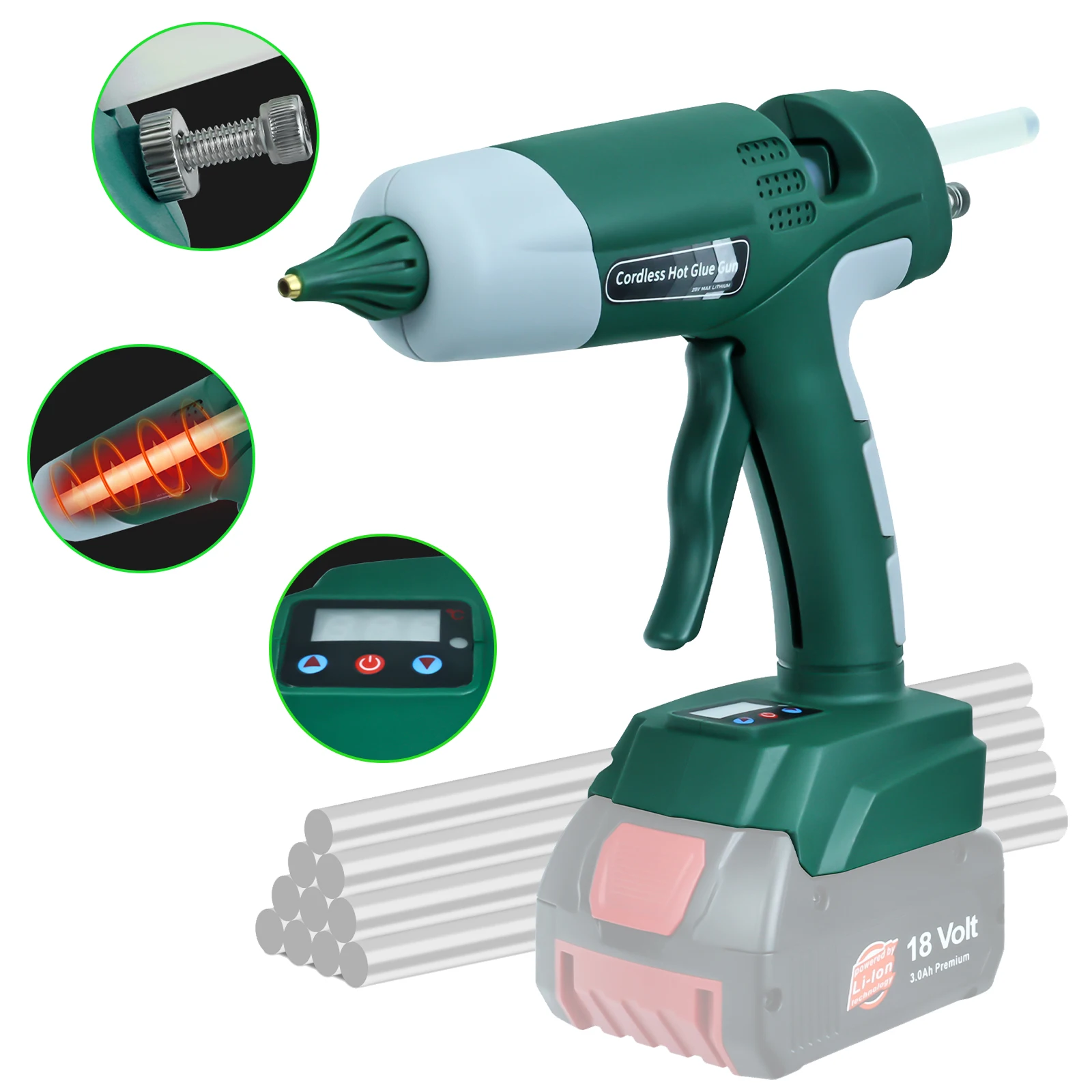 

100W Cordless Hot Melt Glue Gun for Bosch 18V Li-ion Battery with 10pcs 11mm Sticks for Home Repair Arts & Crafts (No Battery)