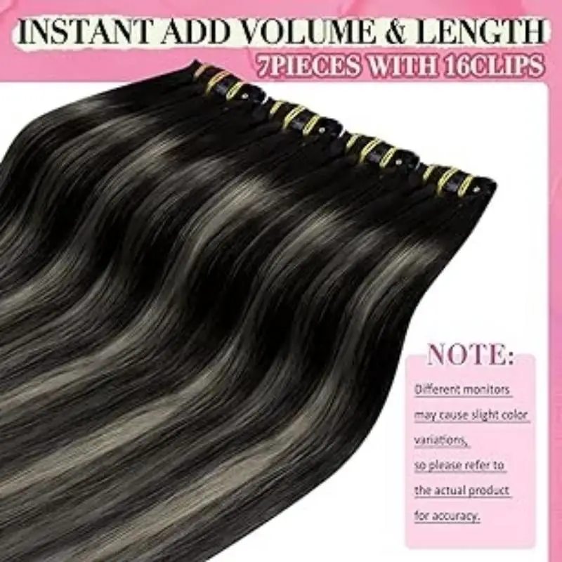 YoungSee Ombre Black Clip in Hair Extensions with Lace Blend of Black and Silver with Roots Human Hair For Salon 7Pcs 120G human hair extensions