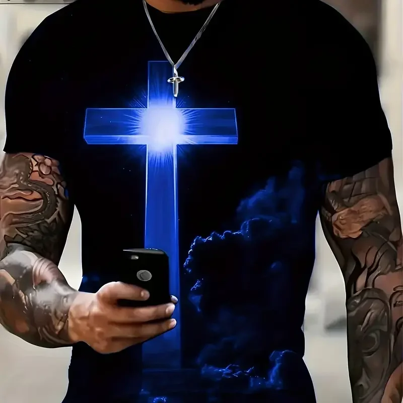 Camiseta masculina Jesus Cross estampada em 3D, Vintage, Harajuku Street Tops, T respirável, extragrande, camiseta esportiva, roupa casual 7 A89d45a9dd10b41e8b2114d5760e385abj