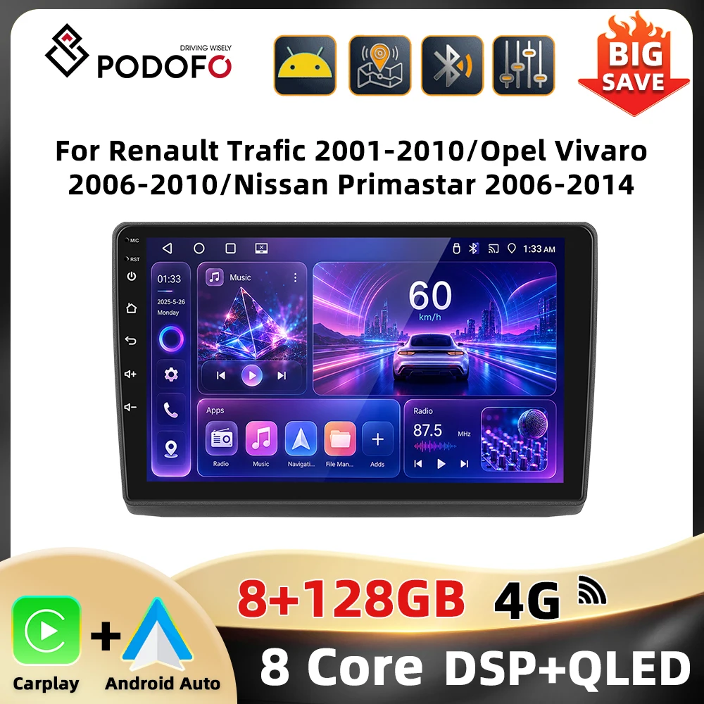 Radio para Auto Podofo de 10'' con WIFI y 4G para Renault Trafic 2001-2010/Opel Vivaro 2006-2010/Nissan Primastar 2006-2014, Navegación GPS, Carplay, Android Auto, 8 Núcleos, DSP 1
