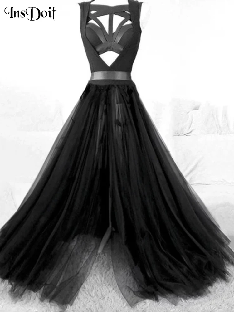 

InsDoit Gothic Club Sexy Corset Maxi Dress Mesh Patchwork Hollow Out Backless Women Sleeveless Black Bandage Darkness Long Robe