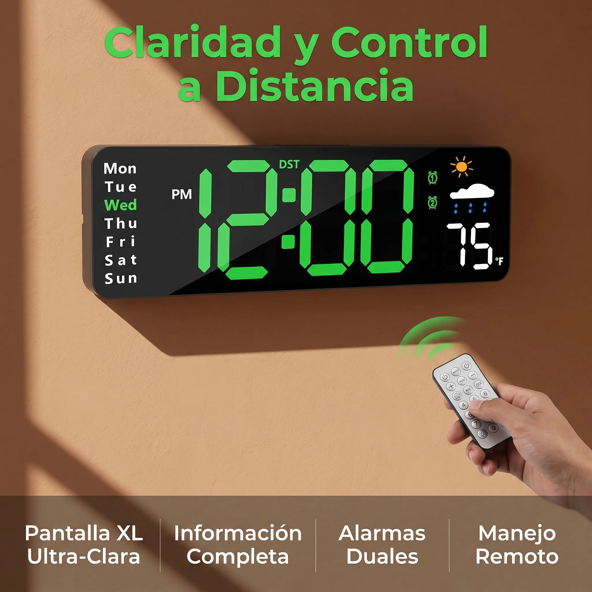 Este reloj de pared digital con mando a distancia cuenta con una gran pantalla LED que muestra la hora, el día de la semana, la fecha, la temperatura interior, el horario de verano, la temperatura y los iconos meteorológicos.
