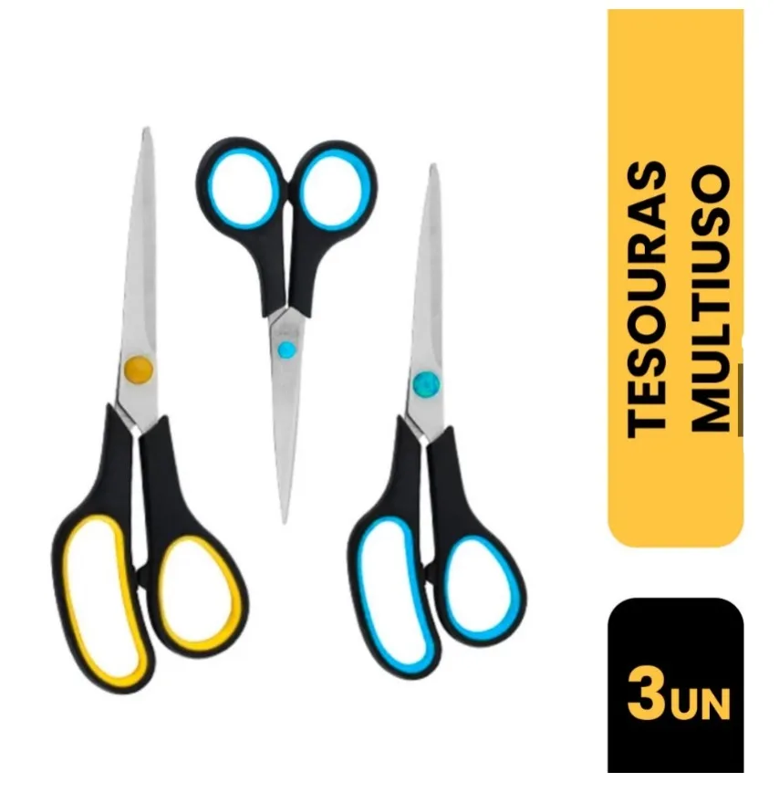 Kit 3 Tesouras Aço Inox Multiuso Costura Escola Escritório Tecido Cozinha
