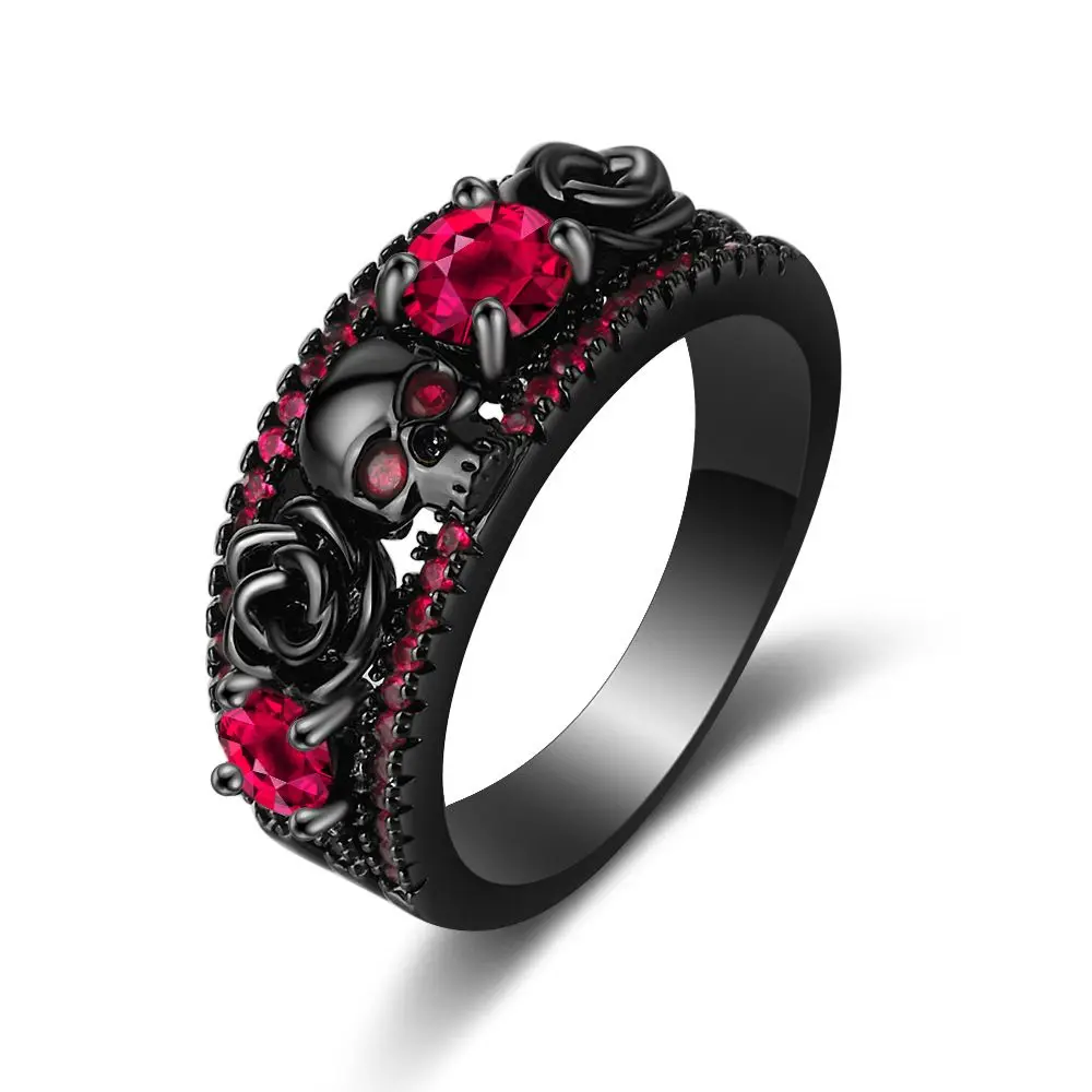

Western Punk Flower Skull Rings Vintage Red Zircon Black Copper Rings For Fashion Jewelry