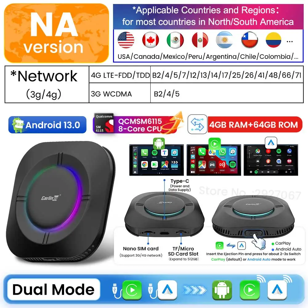 CarlinKit Android 13 CarPlay Ai Box SM6115 8 Cores Android TV Box للسيارة اللاسلكية تشغيل Android Auto Online Video 4GLTE WiFi