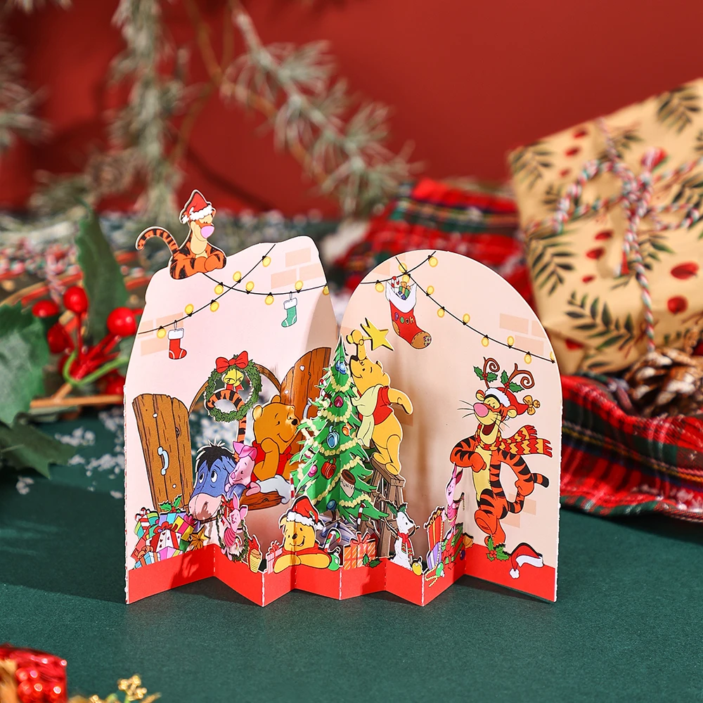 Winnie the Pooh 3D Pop Up Card Christmas Greetings Card Piglet Creative Decorations Xmas Tree Party Invitation With Envelope greeting cards