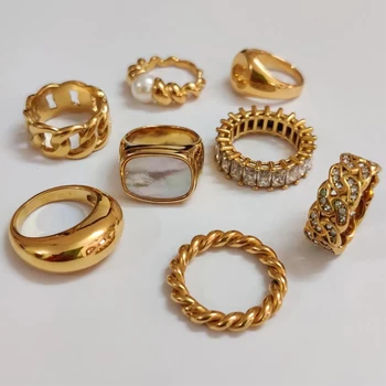 Uworld Stainless Steel 18K Gold-Plated Inlaid Shell Ring  Statement Metal Texture Fashion Finger Joyería Acero Inoxidable Mujer 1