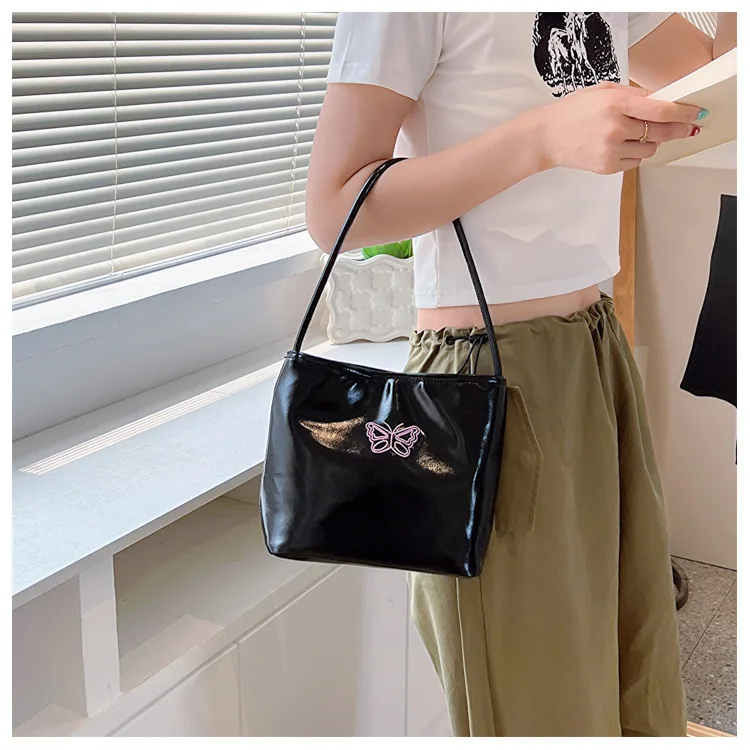Y2K Butterfly Embroidered Nylon Underarm Shoulder Bag South Korea Niche Letter Portable Bucket Bag Women Handbag Tote Bags