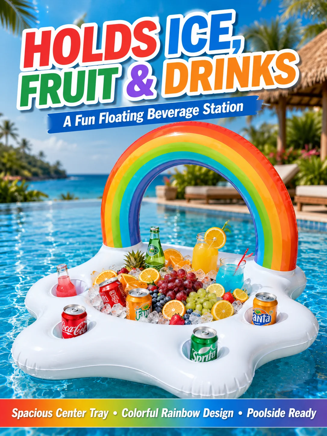 Inflatable Rainbow Drink Cooler Float with Ice Bucket & Cup Holders – Perfect Pool Party Beverage Bar