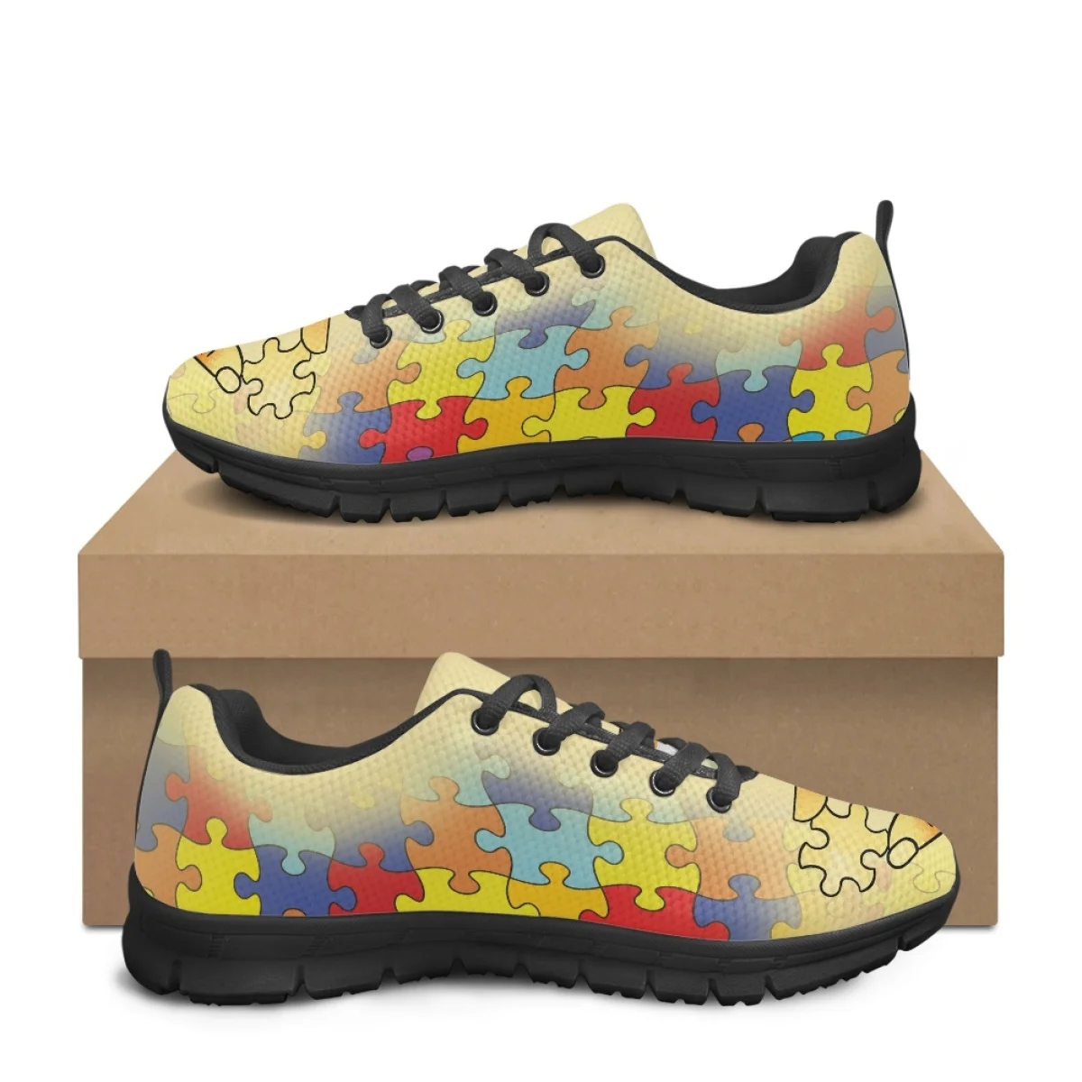 Lightweight Lace up Running Shoes for Women Autism Awareness Puzzle Pattern Mesh Sneakers Ladies Wear Resistant Tennis Footwear