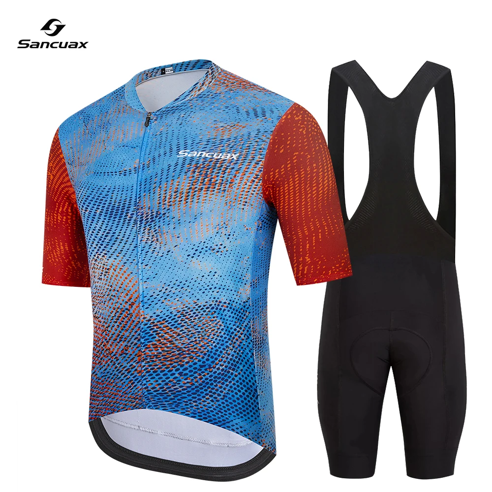 SANCUAX Men's Cycling Jersey Set, Summer Short Sleeve Cycling Clothing Triathlon Bib Shorts Suit Bike Uniform Ropa Ciclismo Hombre
