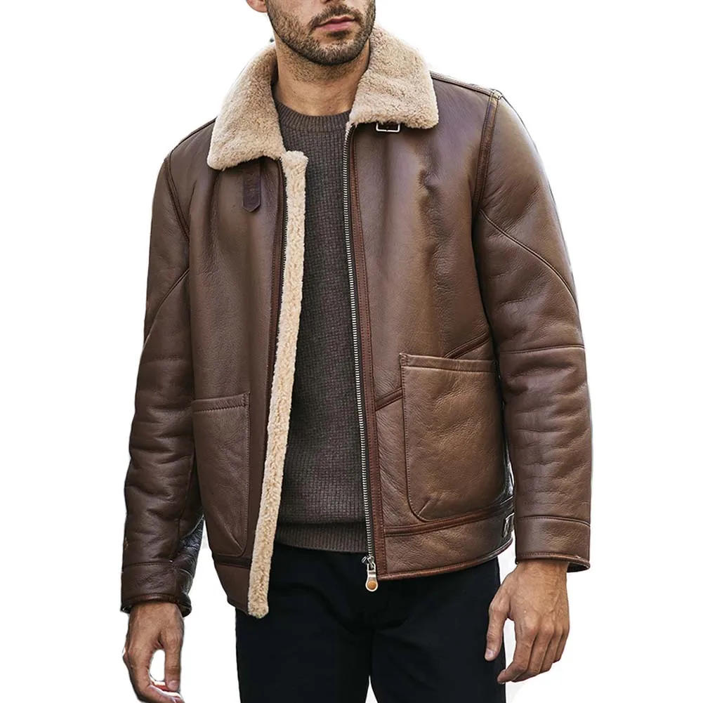 Denny&Dora Mens Brown Shearling Jacket Short Fur Coat Motorcycle Leather Jacket Mens Winter Coat