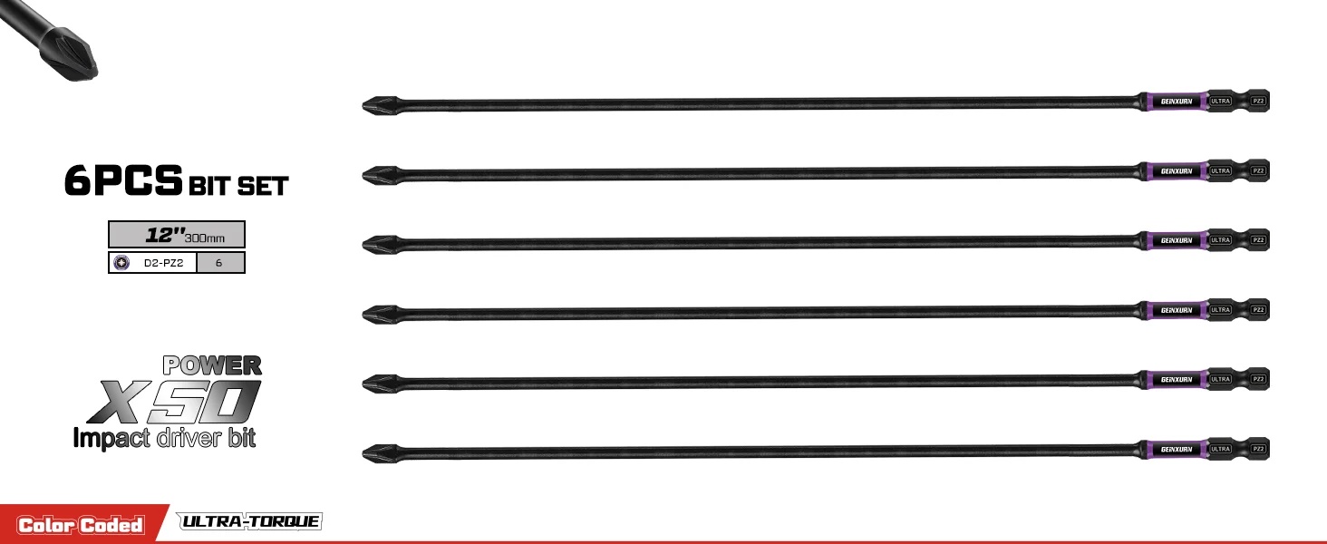 Geinxurn 3-teilig/6-teilig D2-PZ2 Schraubendreher-Bits 300mm Lang Hochfestes Werkzeugset für Autoreparaturen – Detail 2