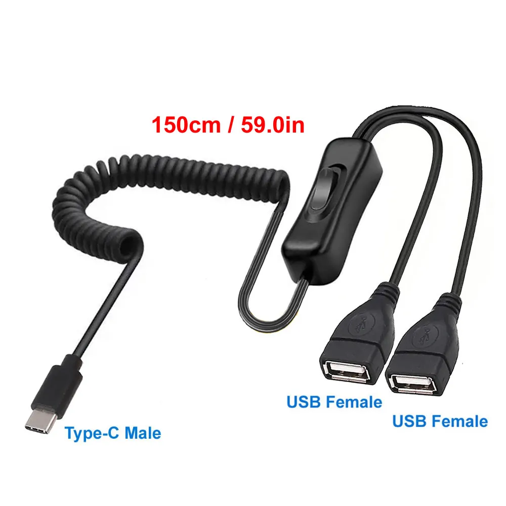 USB Type C Spring Telescopic Charging Cable with On/Off Switch - Extension Cord with Double USB Splitter