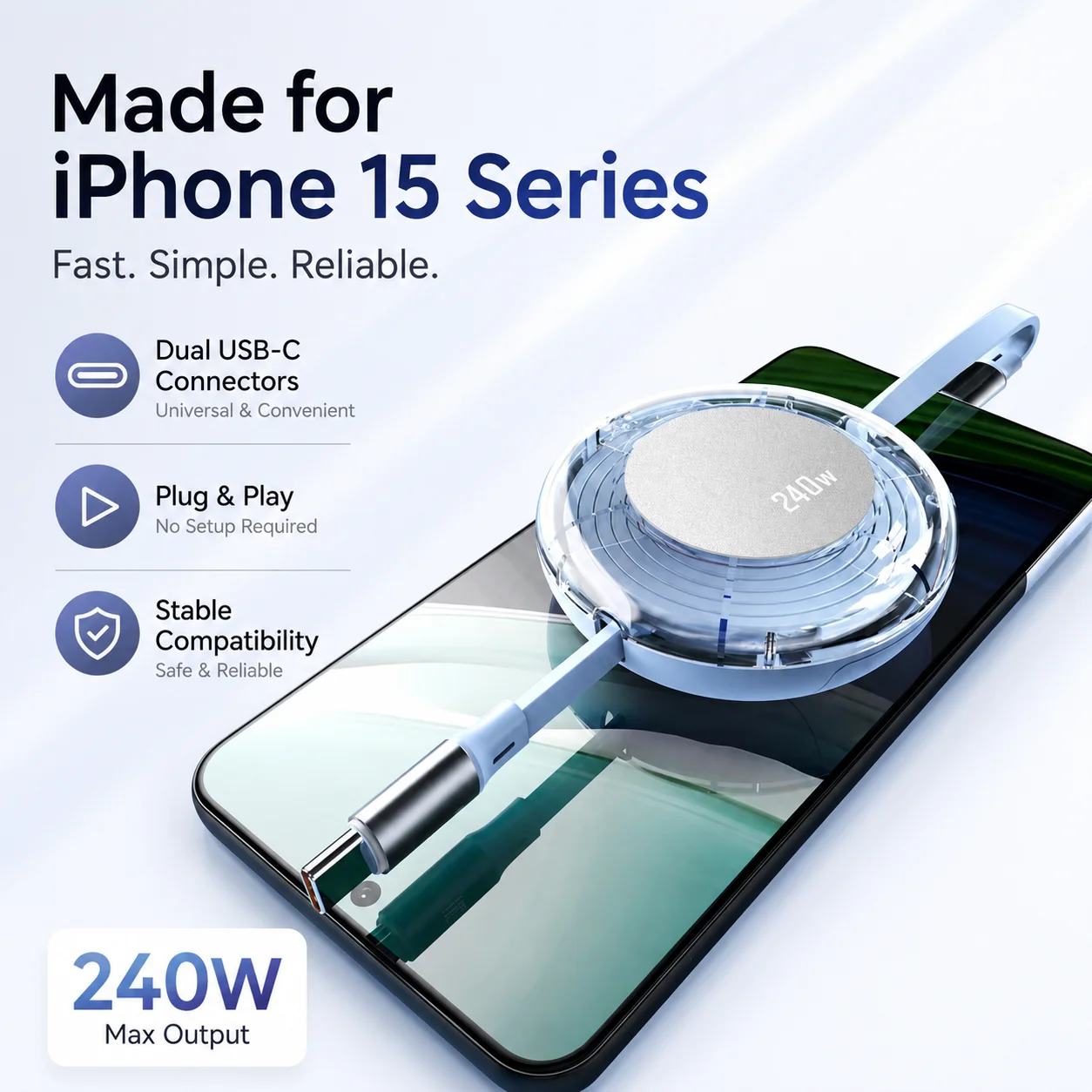 Premium High-Speed Retractable USB-C Charging Cable, 240W Power with Fast Charge and Data Transfer Capabilities