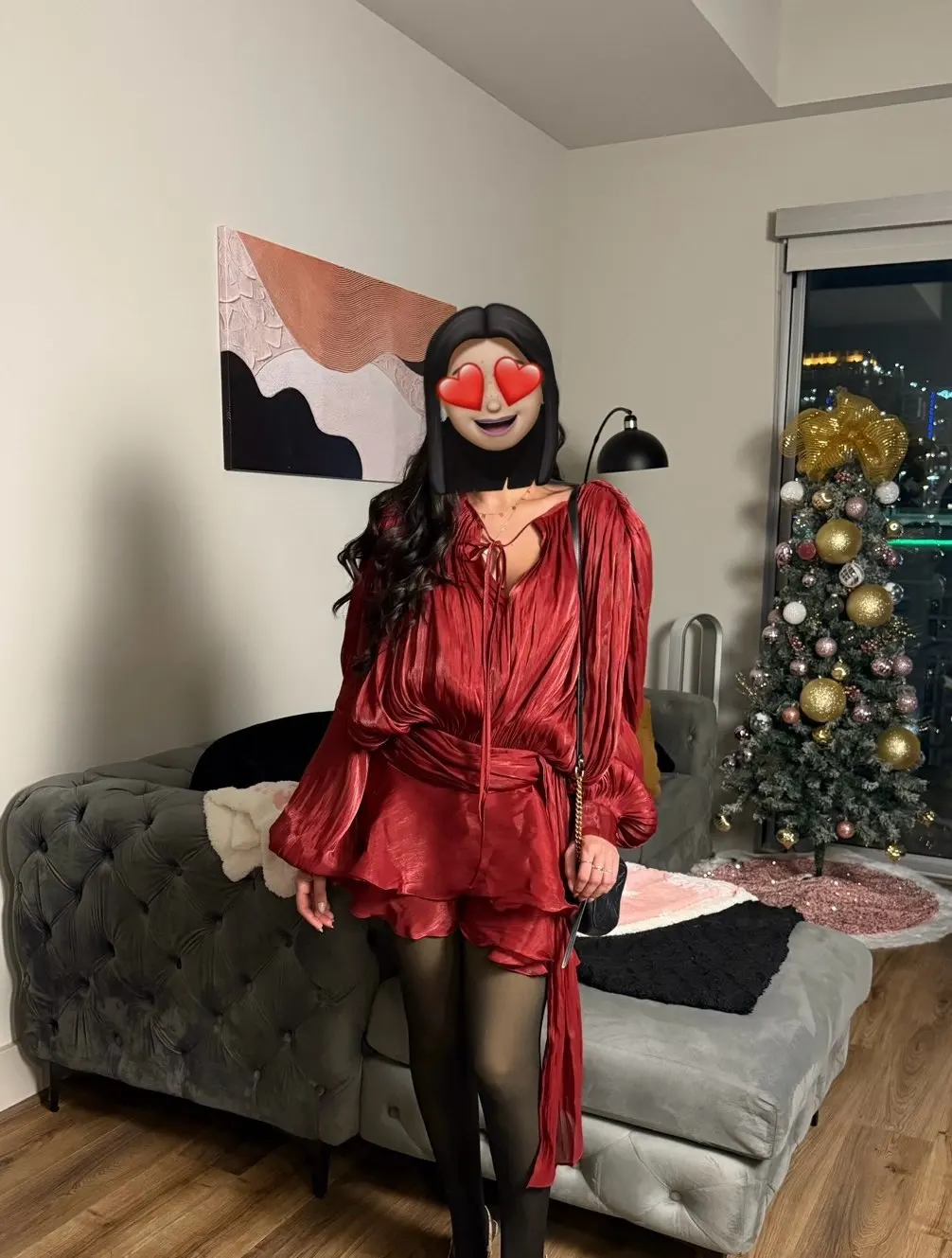 VC Chic Chiffon Mini Dress with Tie-Neck and Lantern Long Sleeves for a Garden Party Evening Gown