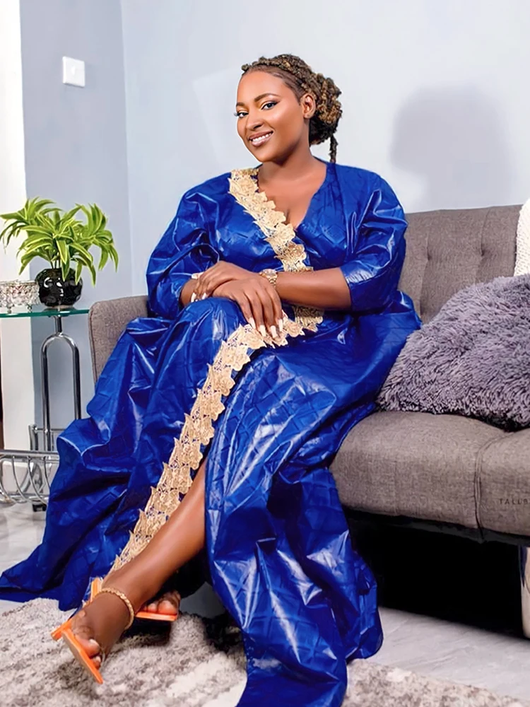 Royal Blue Robe Bazin Riche Long Dress For African Women Wedding Evening Gowns Dashiki Clothing Top Quality Cotton Basin Dress
