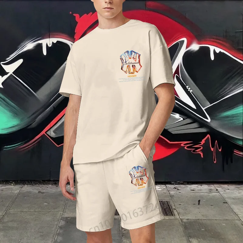 

Mens Cotton Luxury T Shirt Sets Fashion Suits Casual O-Neck Streetwears Oversized Tracksuits Summer Korea Style Outfits Clothing