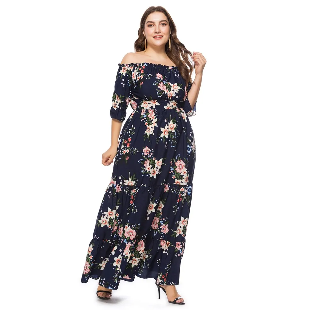 Plus Size off shoulder Floral Print Maxi Long Summer Dresses For Women Wholesale China