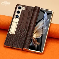 Leather Phone Case for Samsung Galaxy Z Fold 7 6 5 4 3 Fold6 Fold7 Gold Plating Magnetic Hinge Stand Back Cover with Mirror Film