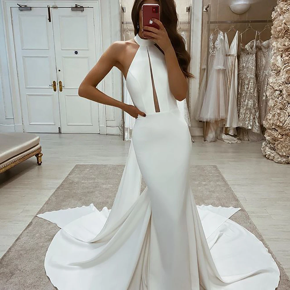 Ivory Halter Collar Wedding Dresses Sleeveless Open Back Bridal Dress ...