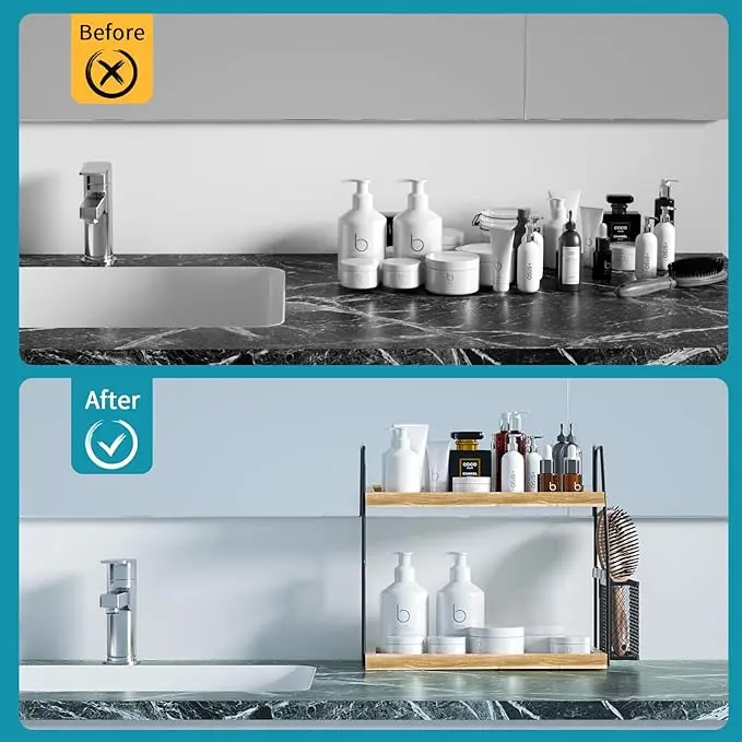 2-tier wooden countertop organizer – with basket, for bathroom/kitchen 3