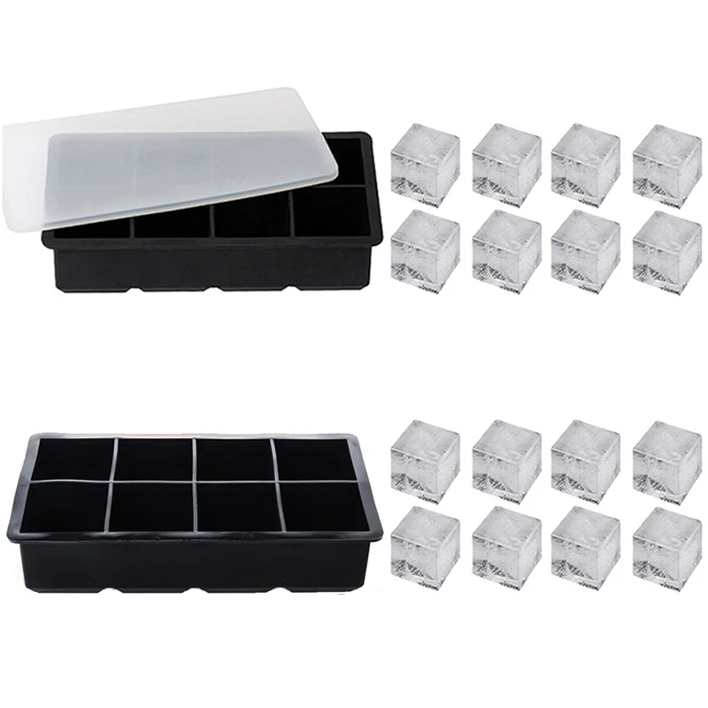 Ice Cube Tray Silicone Ice Mold Large Ice Cube Mold Square Ice Cube Maker Ice Cube Tray 4/6/8 Grid for Whiskey Cocktail Ice Mold