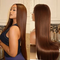 Perruques en cheveux humains Remy lisses, couleur brun chocolat, 30 pouces, avec dentelle transparente HD 13x4 # Perruques frontales de 4 couleurs 1