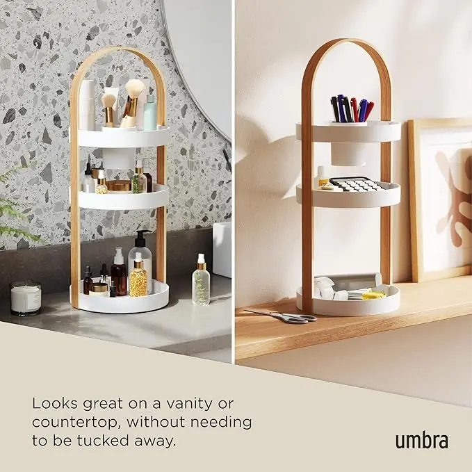 White/natural cosmetic organizer. Compact 50x19x19cm size. Sleek and functional for vanity storage. 6