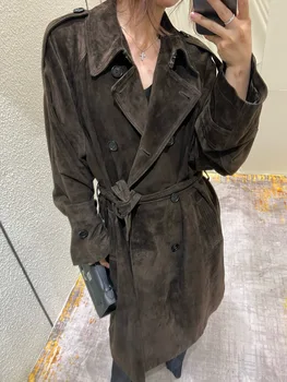 Elegant minimal autumn solid color genuine suede coat with belt