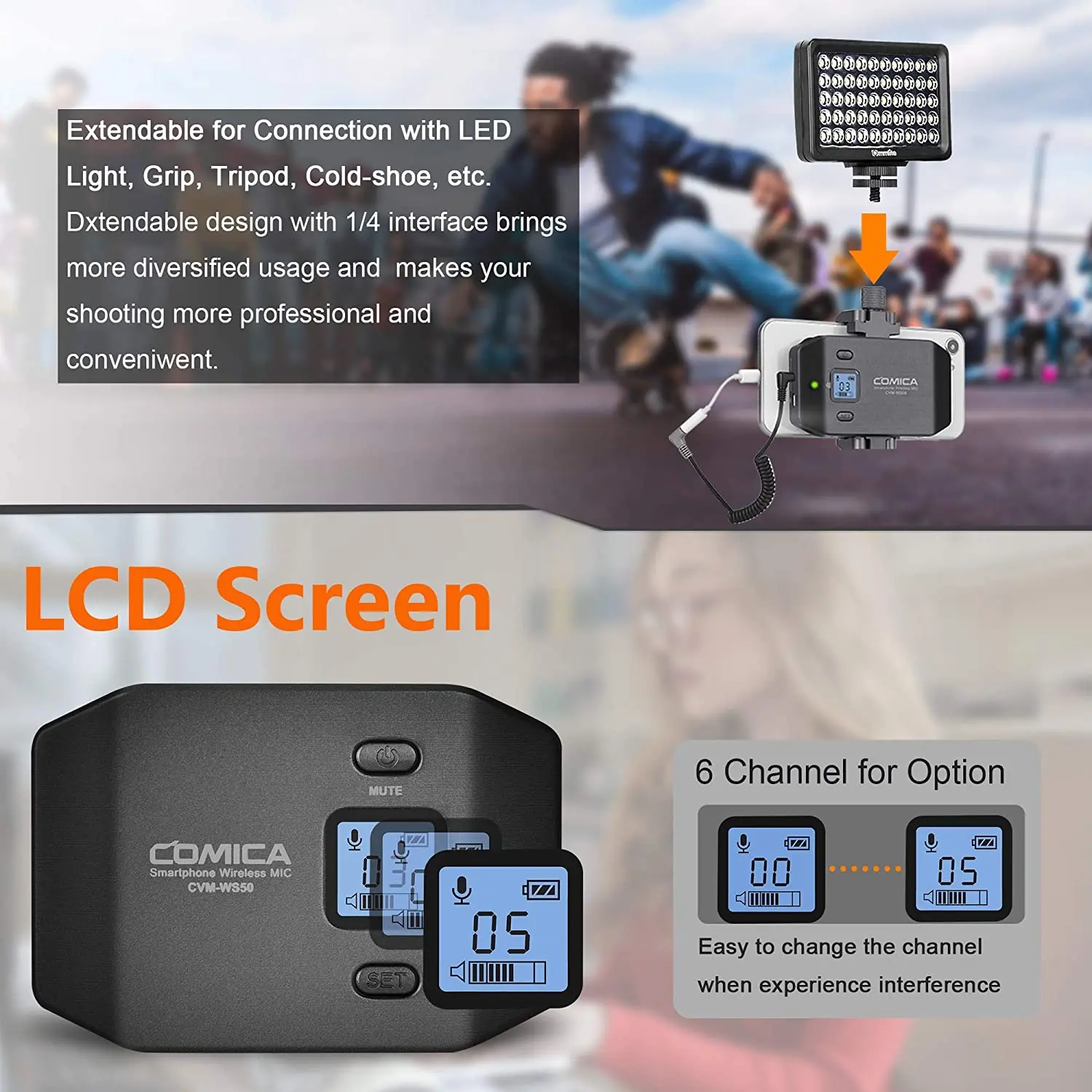 Comicaワイヤレス電話用マイクCVM-WS50（B）iPhone用ハンドグリップ付きプロフェッショナルUHF 6チャンネルラヴァリアーマイクシステム8 8 plus 7 7plus 6 Comicaワイヤレス電話用マイクCVM-WS50（B）iPhone用ハンドグリップ