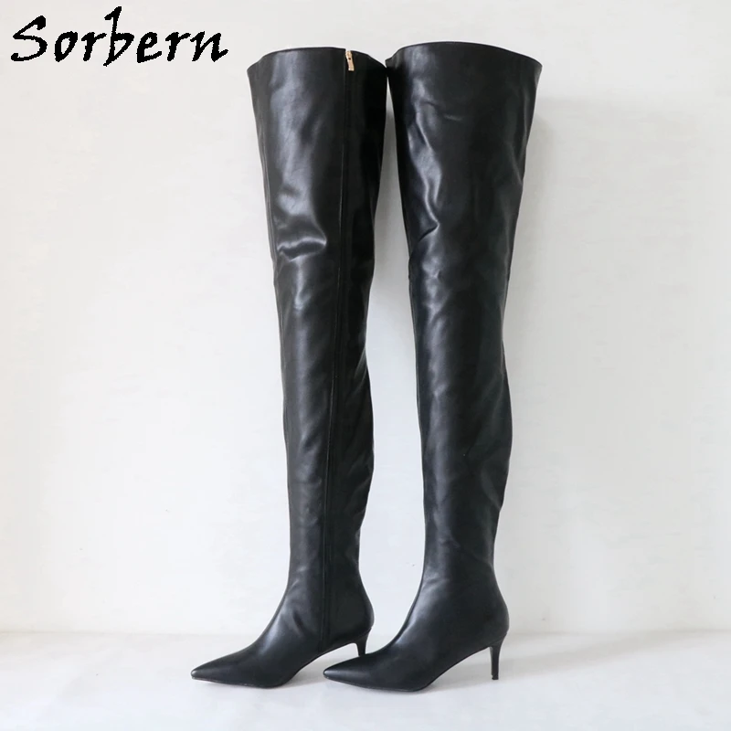 Sorbern 90Cm 80cm Kitten Heel Long Boots Women Pointed Toe Wide Ankle Custom Leg Crotch Thigh High Boot PU Linning Spring Style