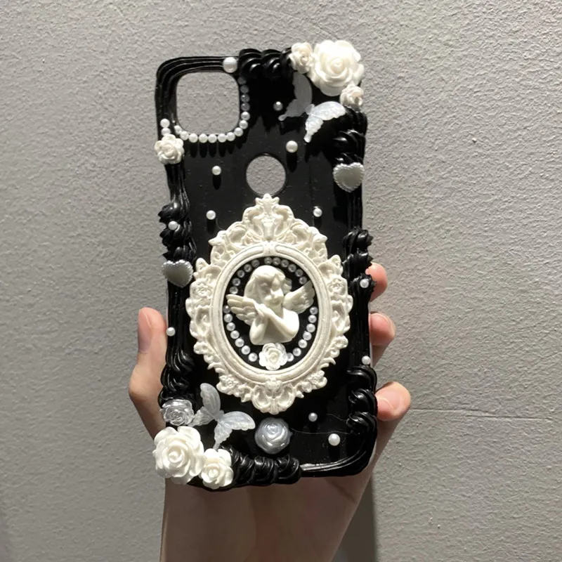 iPhoneケース レトロ バロック オリジナル カスタム ハンドメイド Handmade DIY Phone Case Baroque retro style handmade cream