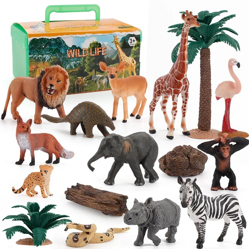 

Simulation Wildlife Lion Zebra Giraffe Monkey Animal Action Figures Snake Elephant Tree With Box Fox Figurines PVC Toys Kid Gift