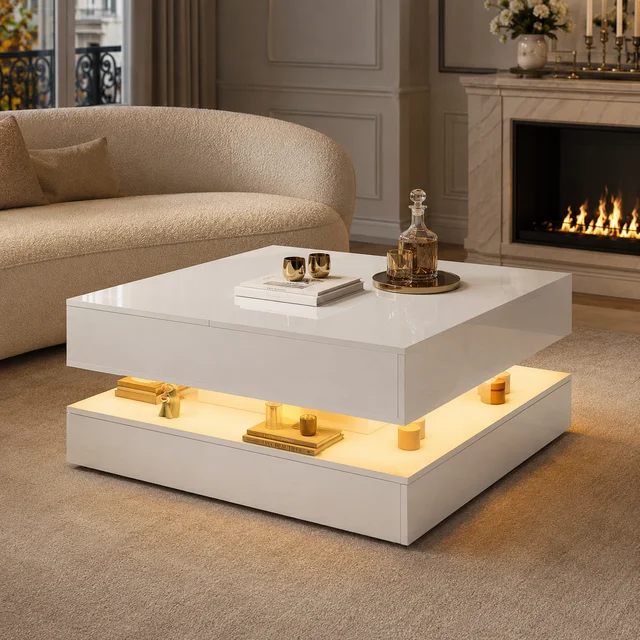 Table basse LED RGB MINGZHE 78 x 78 cm, table de salon haute luminosité avec rangement, tiroirs réversibles, contrôle par application et télécommande, surface UV facile à nettoyer, noir/blanc 1