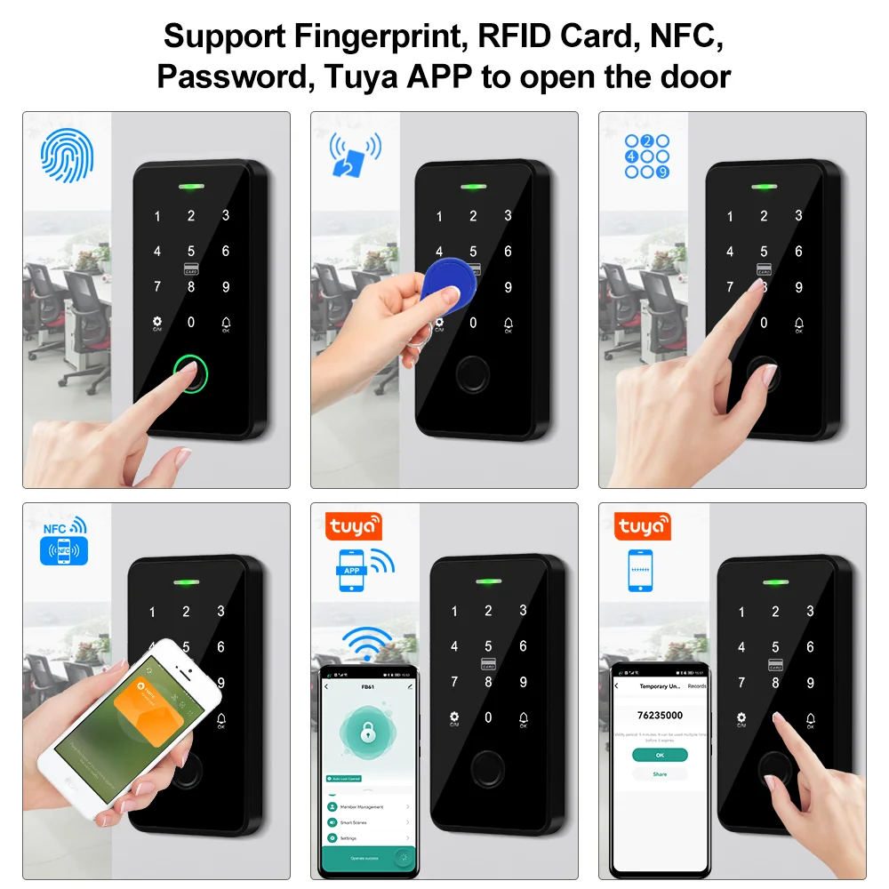 NFC 블루투스 Tuya 앱 액세스 제어 키패드, 방수 RFID 키보드, 생체 지문 터치 백라이트 문짝 오프너, 13.56MHz