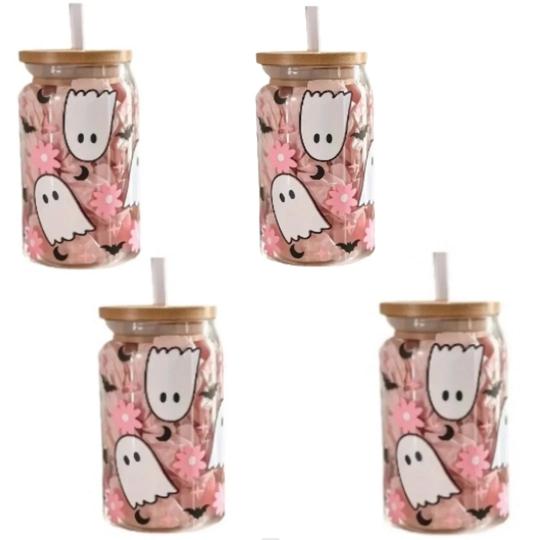 4 set of 550ml/18.7oz Halloween glass jar with bamboo lid and straw-perfect for cold drinks, suitable for juice, milk, etc.
