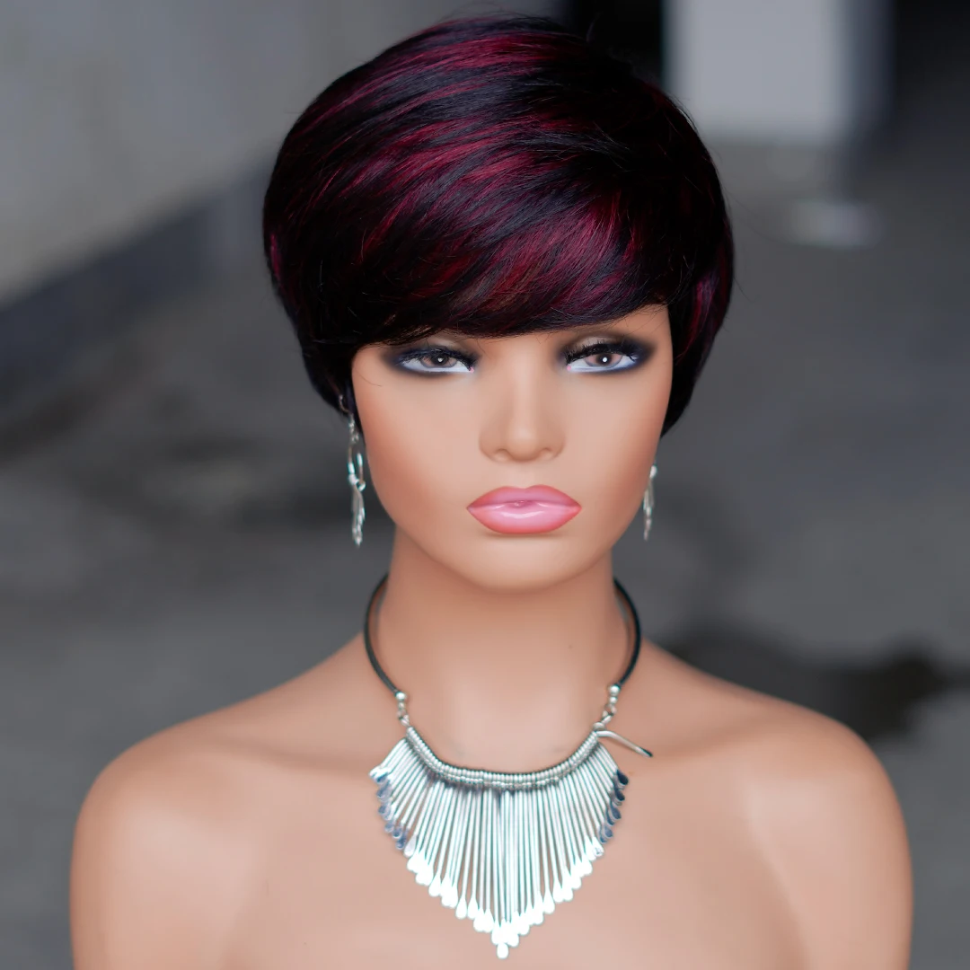 Short Pixie Cut Brazilian Remy Human Hair Wigs Glueless Straight Hair Color Full Machine Made Bob Wig With Bangs
