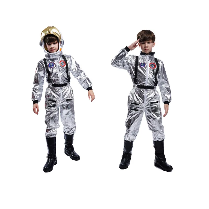 

Silver Spaceman Jumpsuit Boys Astronaut Costume Suit For Kids Pilot Uniform Helmet Cosplay Halloween Carnival Party Fancy Dress