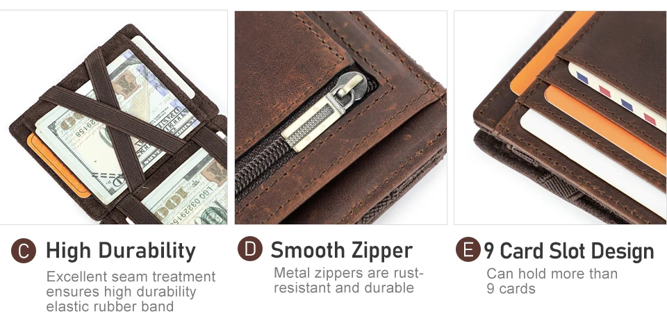 CONTACT'S Echtleder-Kartenetui Magic Wallet Slim Bifold RFID Herren Kleine Geldbörse mit Reißverschluss-Münzfach Mini-Geldbeutel Geldklammer – Detail 13