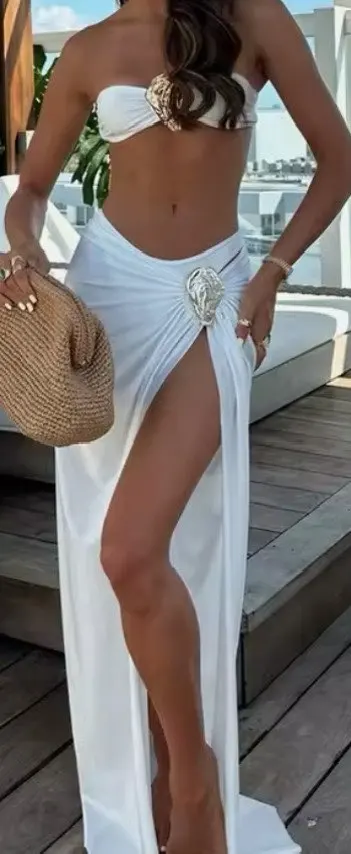 Luxury Tube Top Bikini Set with Metal Accents & Skirt photo review