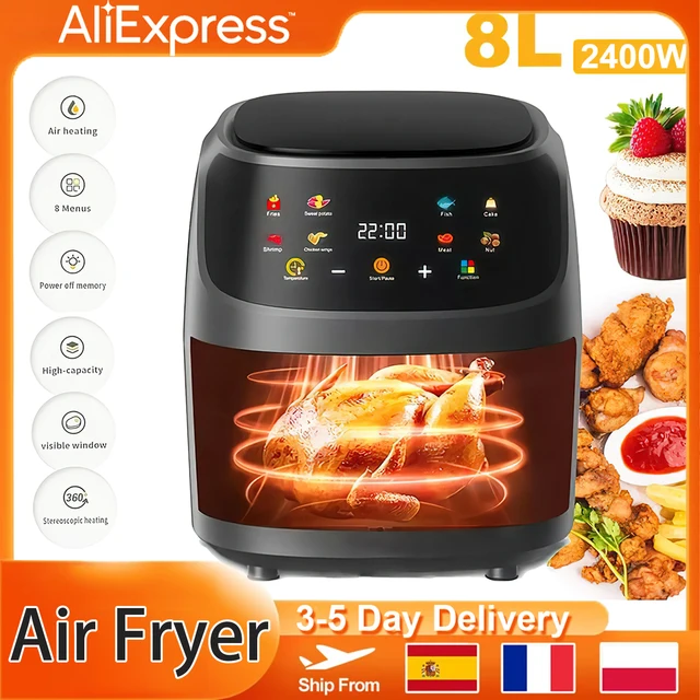 Friggitrice ad aria 1400W 8L senza olio Programmabile per uso domestico Smart LED Touch AirFryer Ciclo termico Forno Fornello Patatine fritte Pollo 1