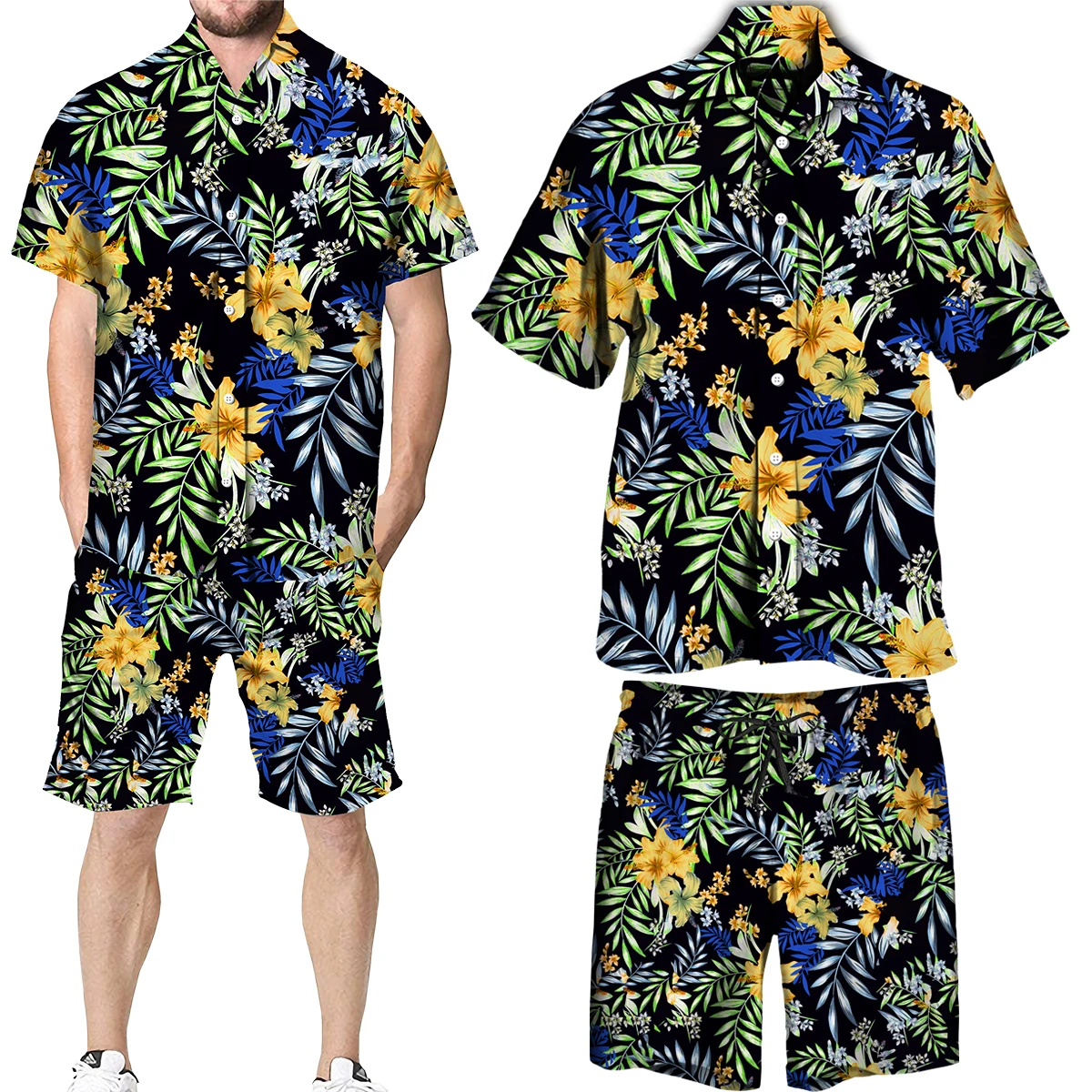 

Men Summer Beachwear Fashion Tropical Plants Printed Two Piece Sets Short Sleeve Shirt Shorts Suits Hawaiian Casual Male Outfit