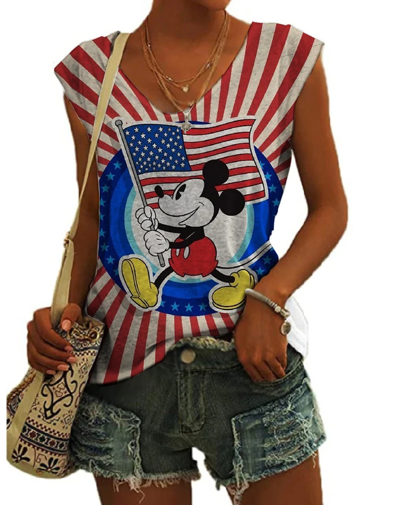 

2023 New 3D Printing Vest Women's Sleeveless Disney Summer Minnie Mickey Mouse Loose T-Shirt Women's V Neck Tank Top