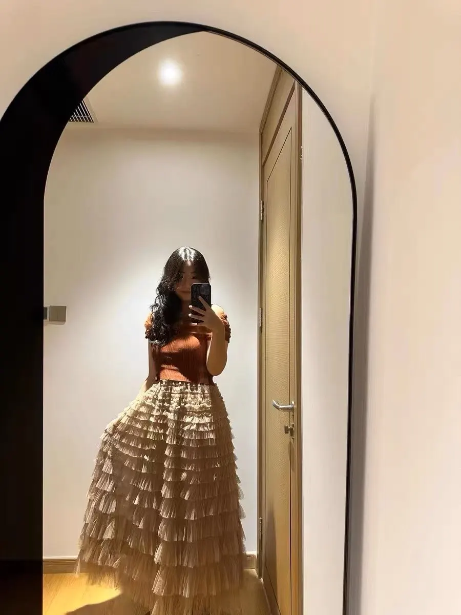 HOUZHOU Solid Multilayer Ruffle Mesh Skirt Women Boho High Waist Long Maxi Tulle Skirt Spring Summer Party Women's Clothing photo review