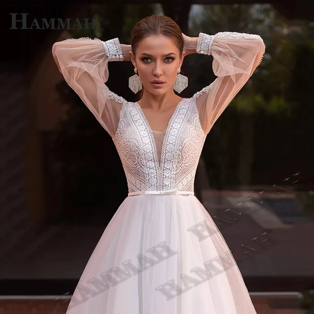 

HAMMAH Wedding Dresses Puff Sleeves Lace V Neck A Line Tulle Formal Occasion Belt Full Sleeve Court Train Backless Customised