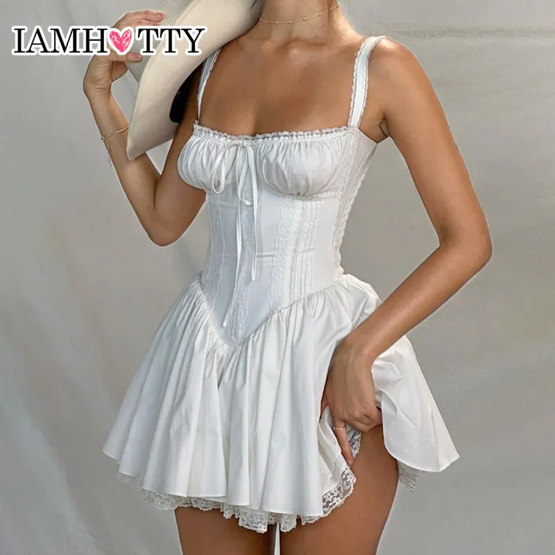 IAMHOTTY High-quality Lace Panel A-line Dress White Coquette Party Holiday  Sleeveless Mini Corset Dresses Elegant Sweet Robe New - AliExpress