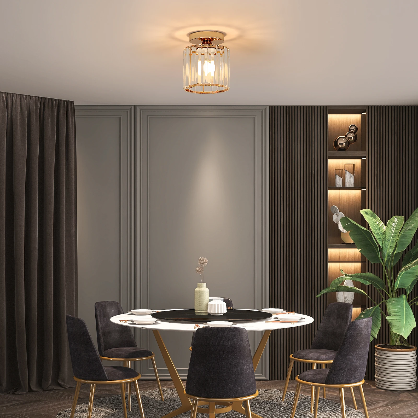 Crystal Ceiling Light, Gold, Medium size Fixture Chrome Flush Mount Ceiling Lighting Fixture for Hallway E27 Bulb Socket (Bulb Not Included)
